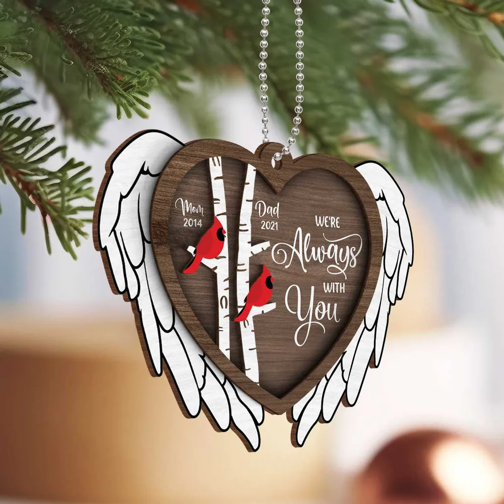 Always With You Cardinal Angel Wings Memorial Keepsake Personalized 2-Layer Wooden Ornament