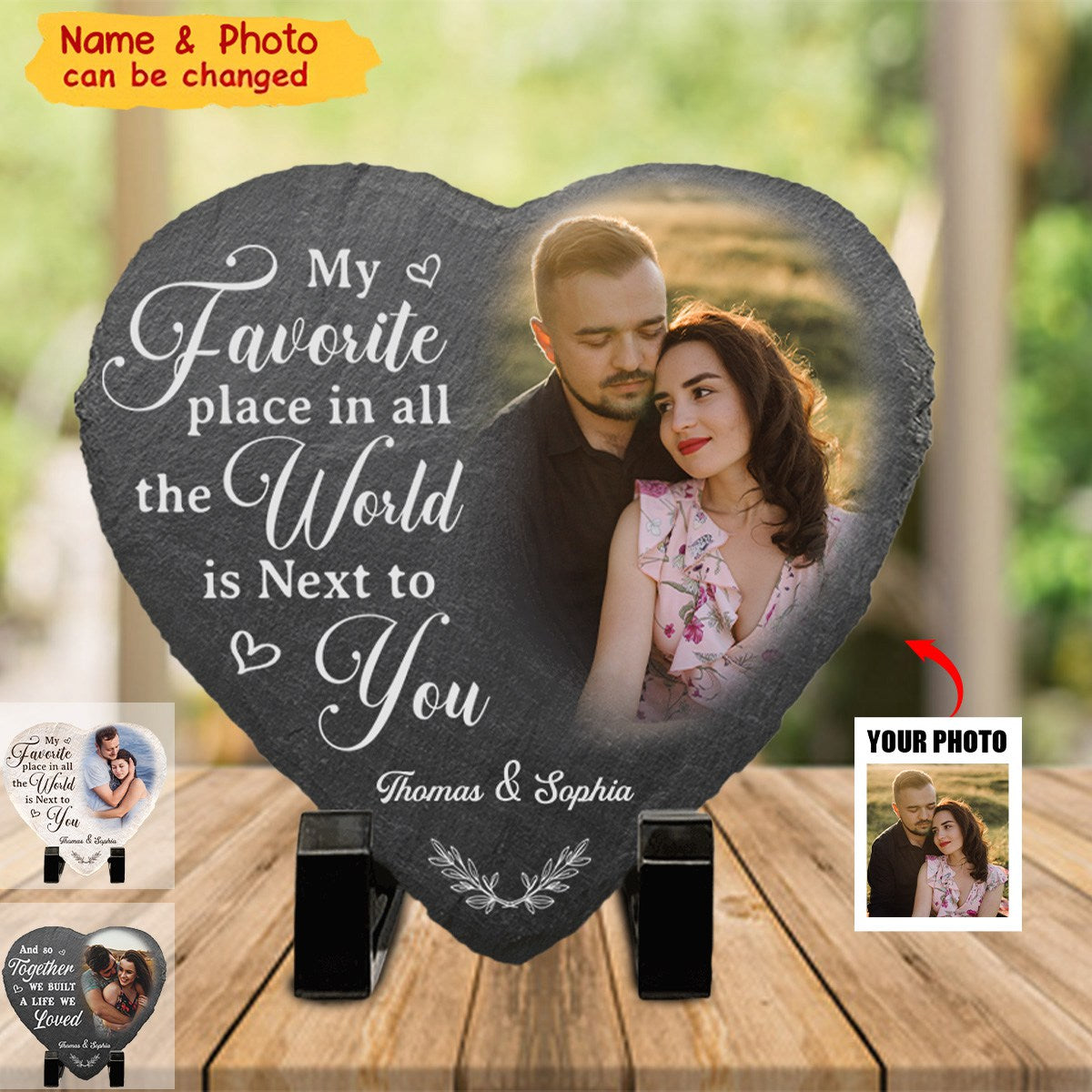 My Favorite Place In All The World Is Next To You - Couple Personalized Heart Shaped Stone With Stand - Gift For Husband Wife, Anniversary