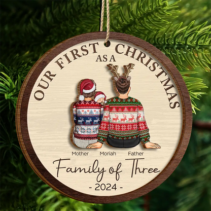 First Christmas As A Family Of Three New Parents - Personalized 2-Layered Wooden Ornament