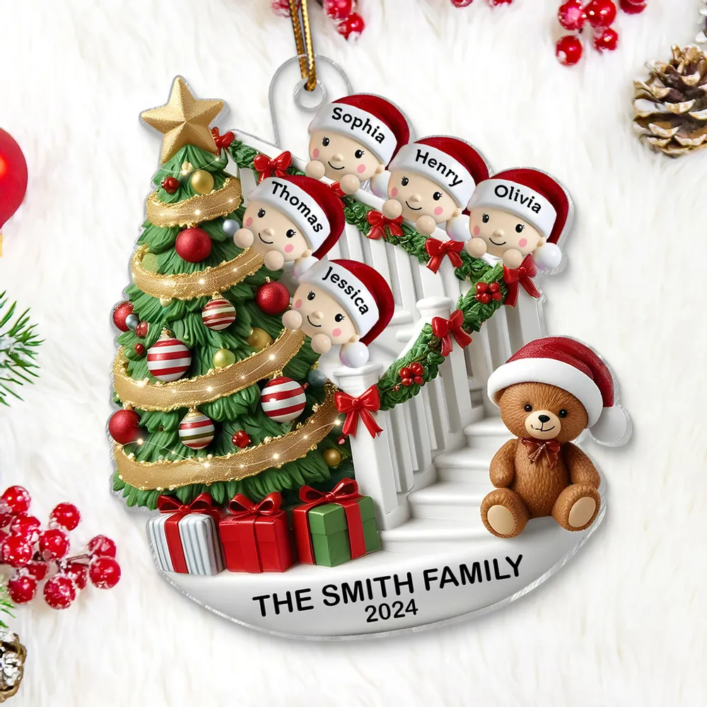 Family Members On Christmas Stairs 3D Effect Personalized Acrylic Flat Ornament