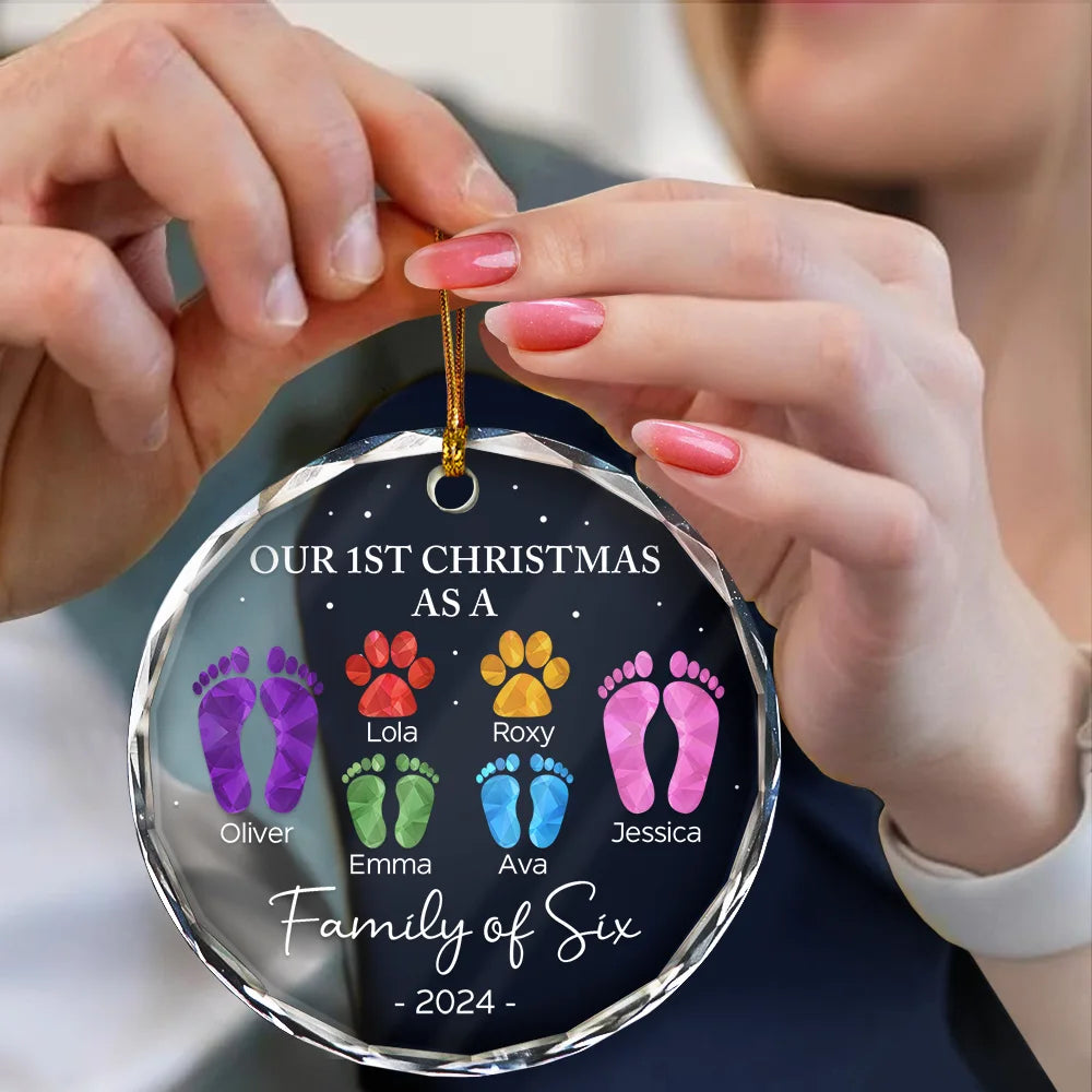 First Christmas As A Family Of Four Footprints - Personalized Circle Ornament