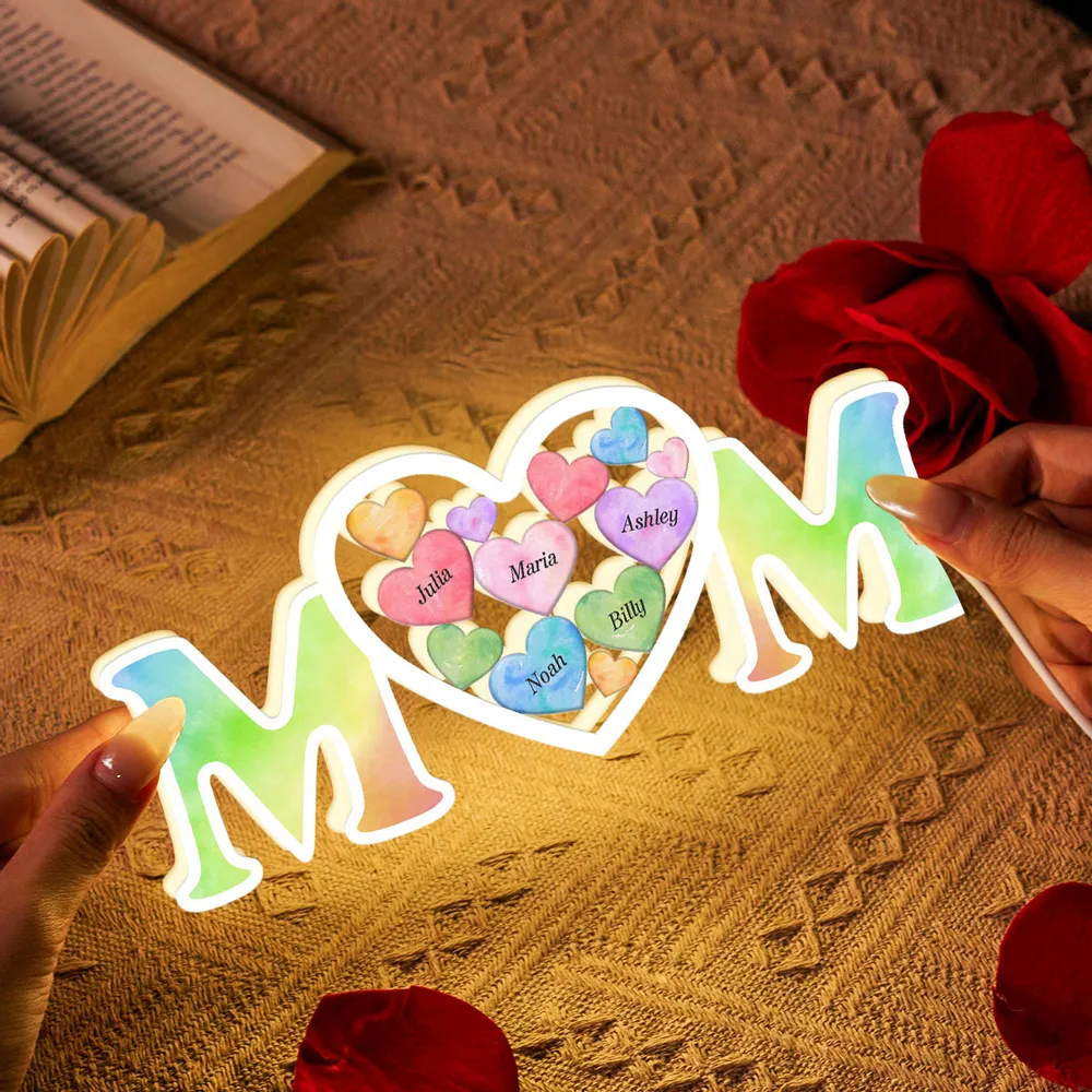 MOM Colorful Hearts In Heart Personalized Light Box, Mother's Day gift for Mom