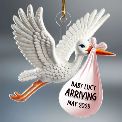 Stork Carrying Baby Bundle New Baby Arriving 3D Effect Personalized Acrylic Flat Ornament