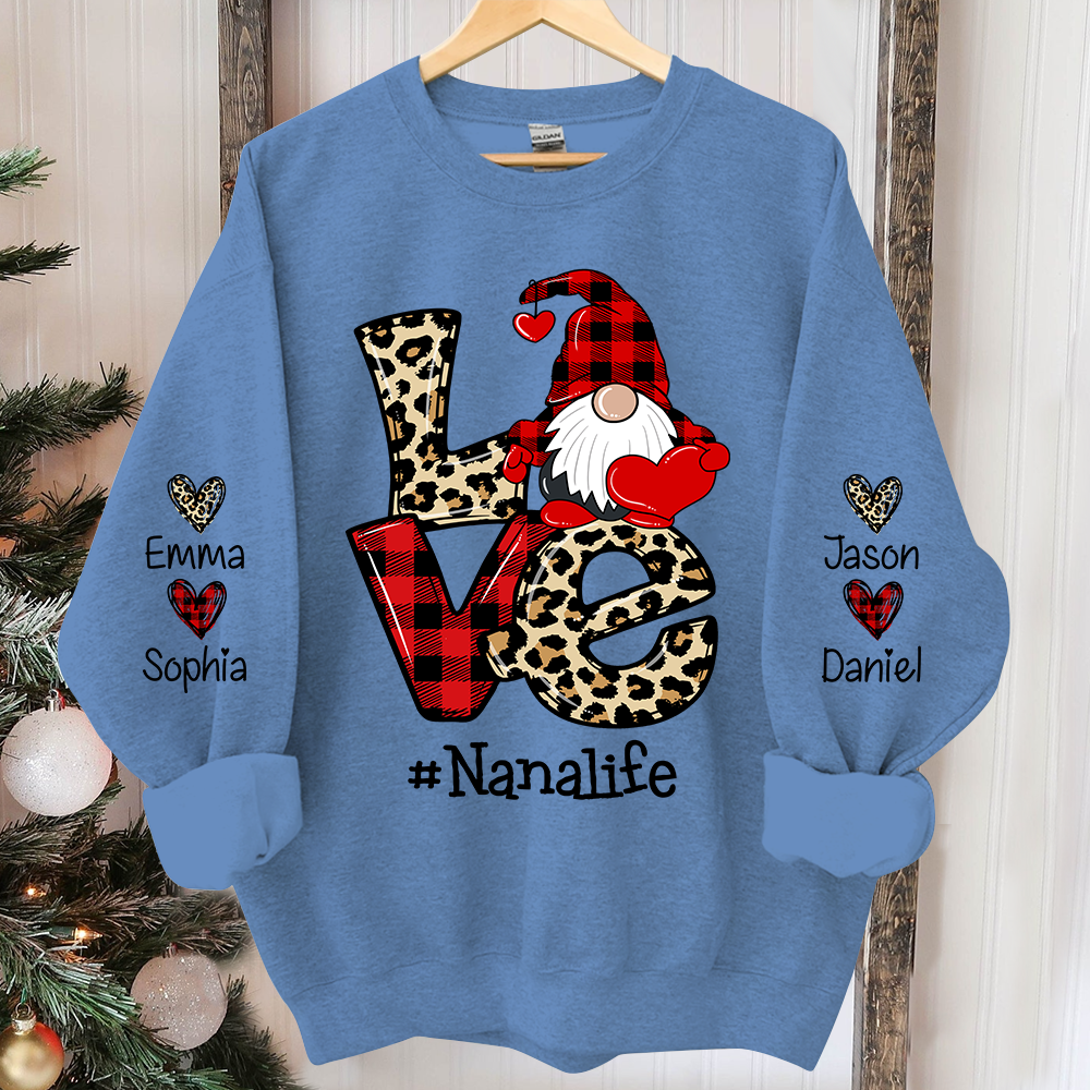 Love Nana Life Leopard Plaid Gnome Heart, Custom Nana And Kids Christmas, Grandma Gift TH Sweatshirt