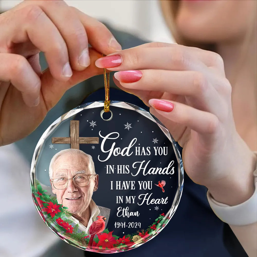 Christmas Custom Photo Memorial God Has You In His Hands - Personalized Circle Acrylic Ornament