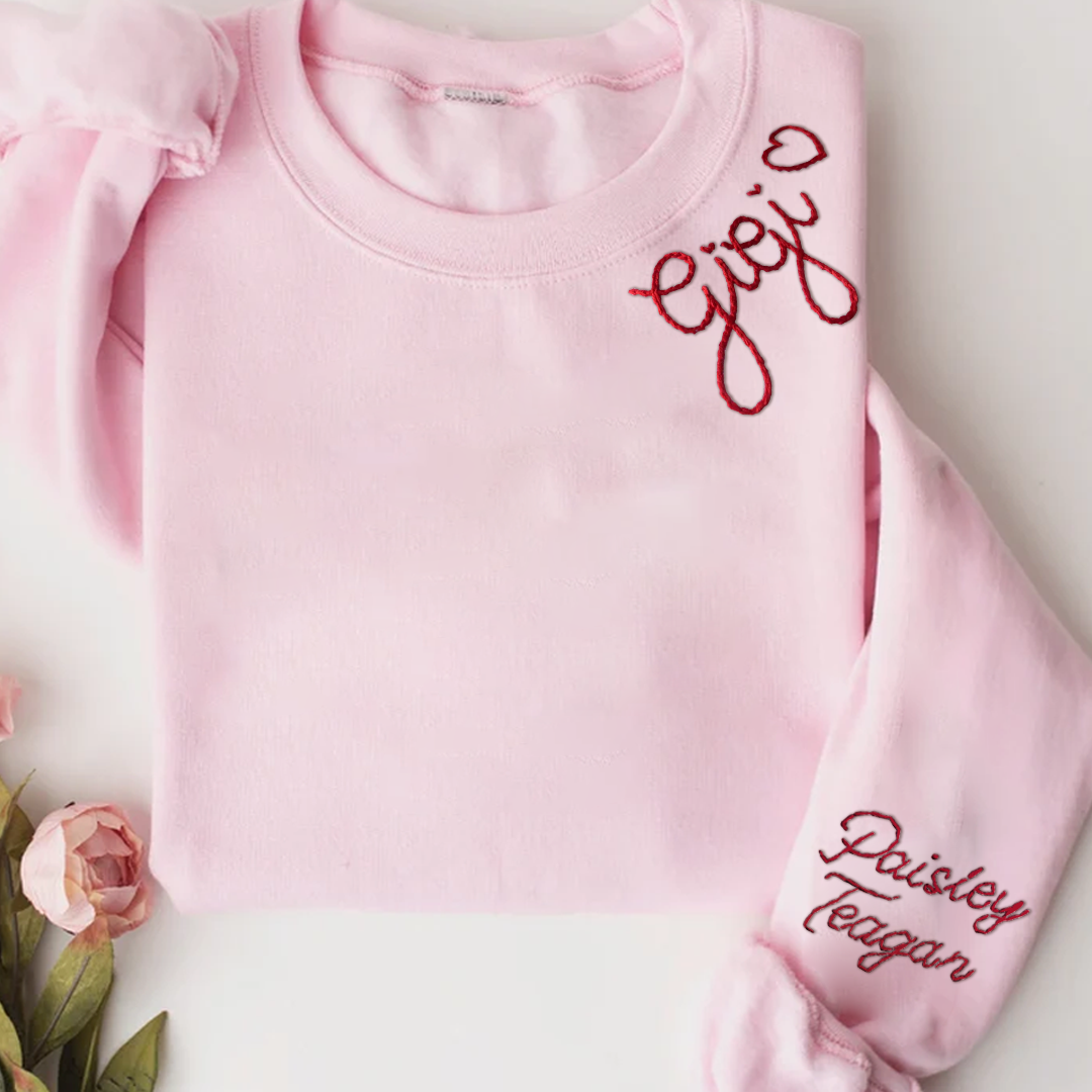 Custom Hand Embroidered Gigi Sweatshirt with Kids Name on Sleeve, Personalized Gigi Sweatshirt, Minimalist Grandma Sweater, Mothers Day Gift for Grandma Mimi Nana Gigi Gaga