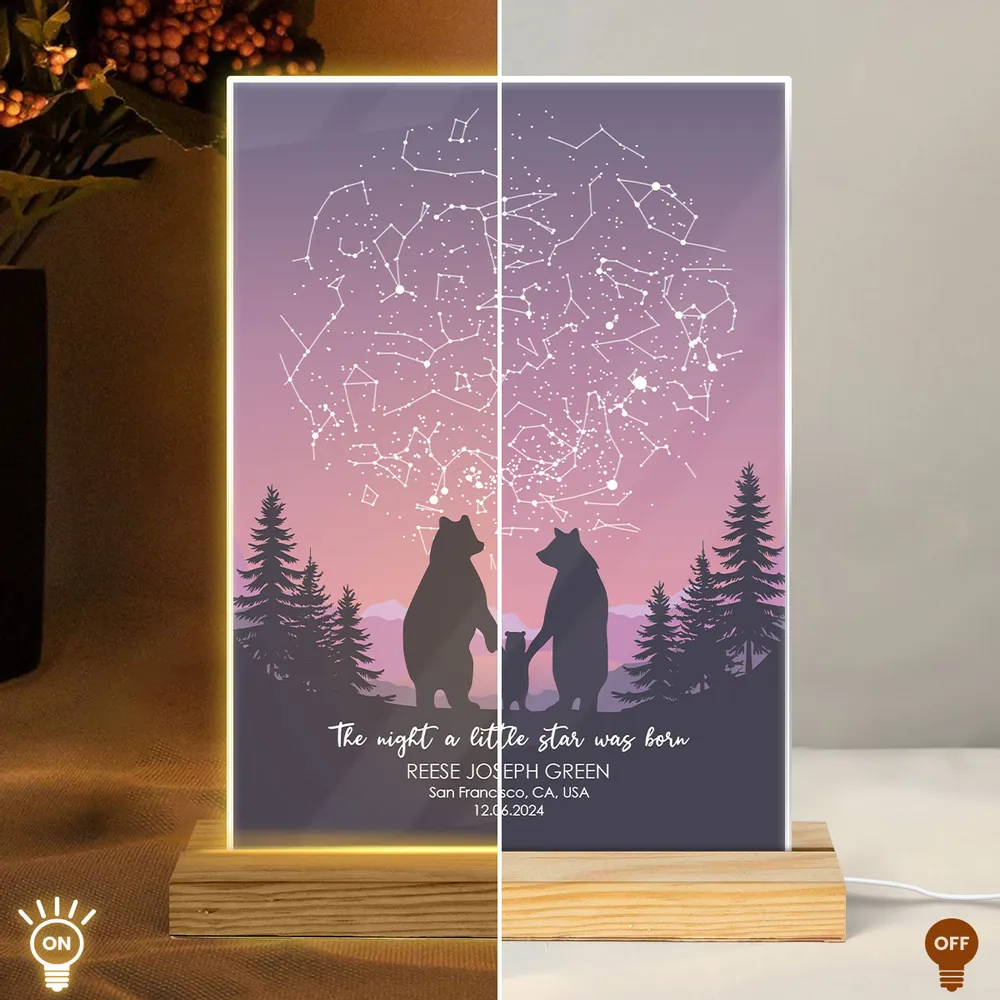 Bear Family Night Sky Constellation Print Personalized Acrylic Plaque With LED, Perfect Home Decor Newborn First Birthday Gift For Newborn, Gift For New Parents