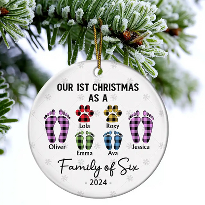 First Christmas As A Family Of Four Flannel Footprints - Personalized Circle Acrylic Ornament