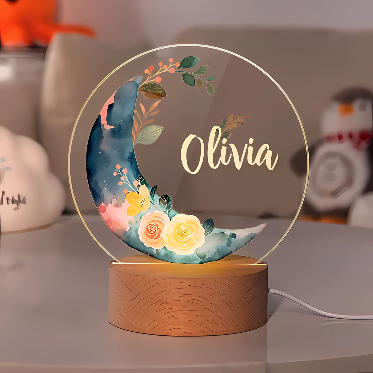 Personalised Moon Floral Pattern Nursery LED Night Light with Wooden Base Name Children's Room Decor Baby Shower Birthday Gift for Kid