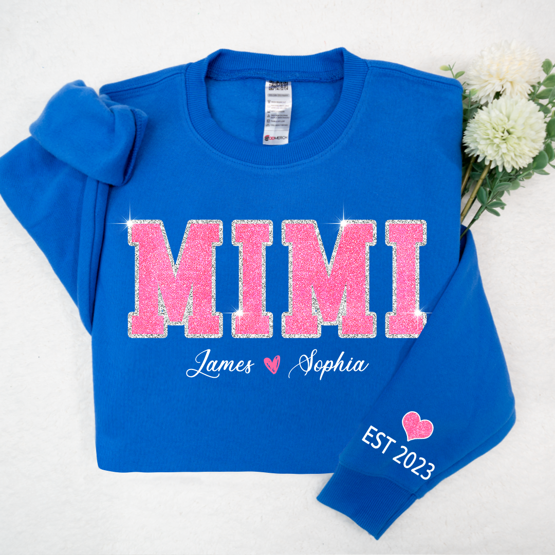 Personalized Mimi Pink Glitter, Custom Grandma Est With Kids TH Sweatshirt