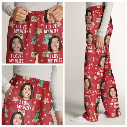 Custom Photo I Love My Wife Christmas Pattern - Personalized Pajama Pants