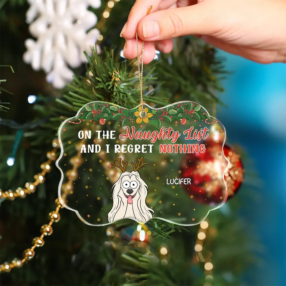 On The Naughty List And We Regret Nothing Funny Dog Cat - Personalized Medallion Acrylic Ornament