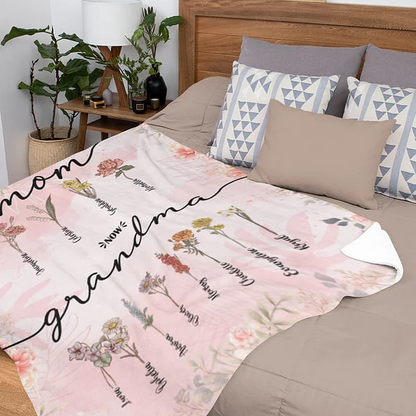 Personalised First Mom Now Grandma Birth Flower Fleece Blanket with Kid Names Women's Day Mother's Day Gift for Grandma Mom