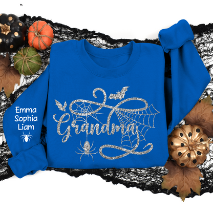 Custom Grandma Halloween With Grandkids Glitter Sweatshirt