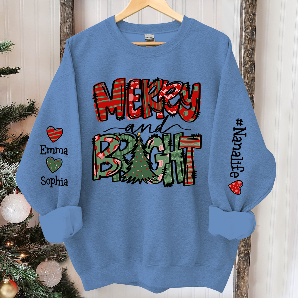 Merry And Bright Sweatshirt, Custom Nana And Kids Christmas, Grandma Gift TH Sweatshirt