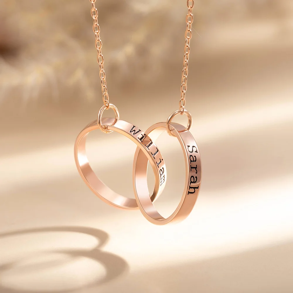 Personalized Interlocking Circles Double Rings Necklace with Engraved Name Valentine's Day Anniversary Gift for Women