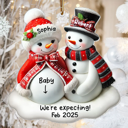 Snowman Couple Expecting Parents Pregnancy Announcement 3D Effect Keepsake Personalized Acrylic Ornament