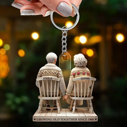 3D Effect Old Couple Holding Hands Sitting Together Personalized Keychain, Heartfelt Gift For Couple, For Him, For Her, Husband, Wife