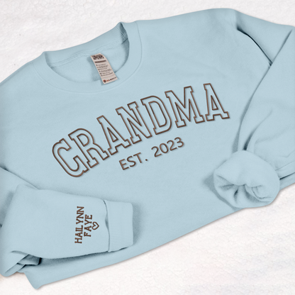 Personalized Grandma Embroidered Sweatshirt, Custom Grandma Est And Kids Name On Sleeve Sweatshirt, Mother's Day Gift For Grandma Mimi Nana Gigi Gaga