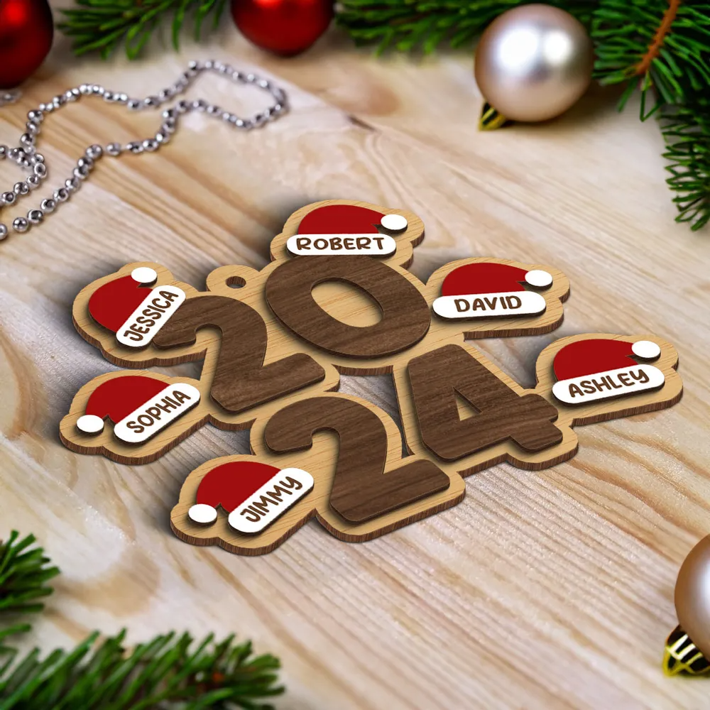 Family Stacked 2024 Santa Hats Personalized Wooden Ornament, Christmas Gift