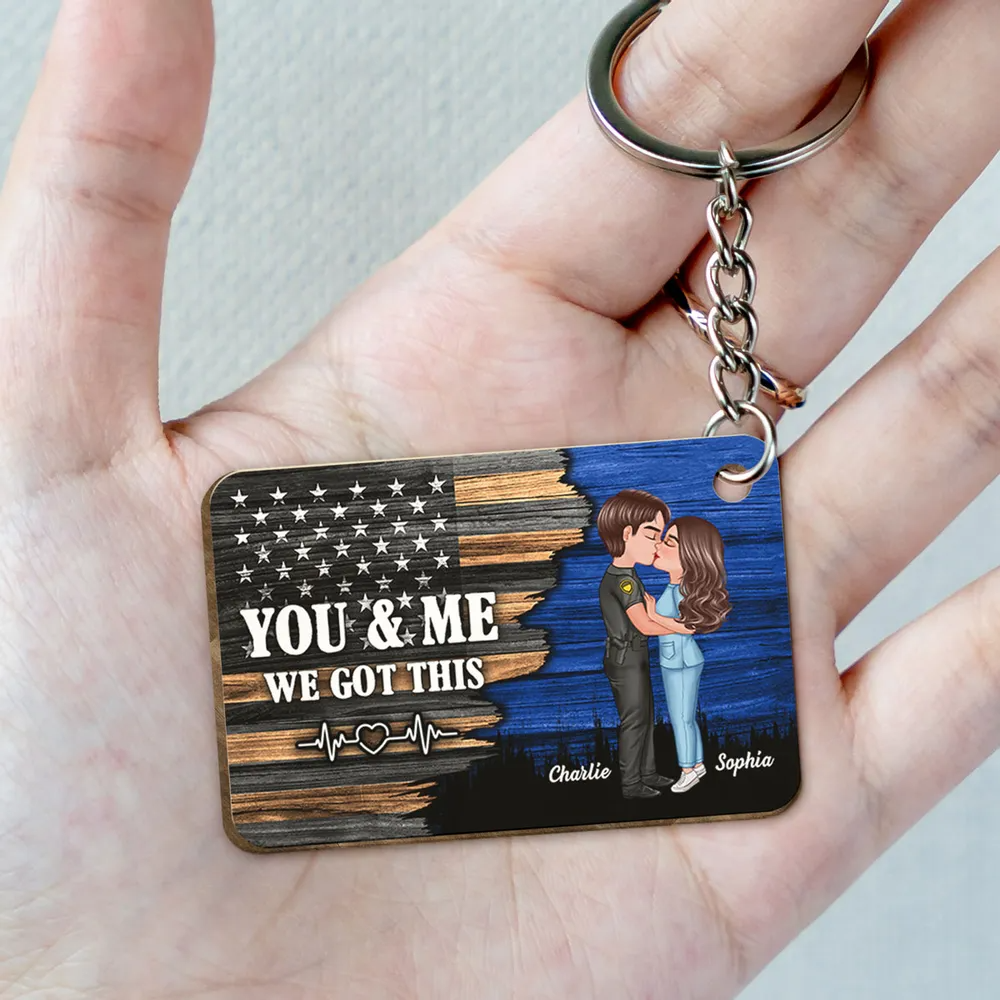 Hero Couple Kissing Half Flag Gift by Occupation Firefighter, Nurse, Police Officer Personalized Wooden Keychain