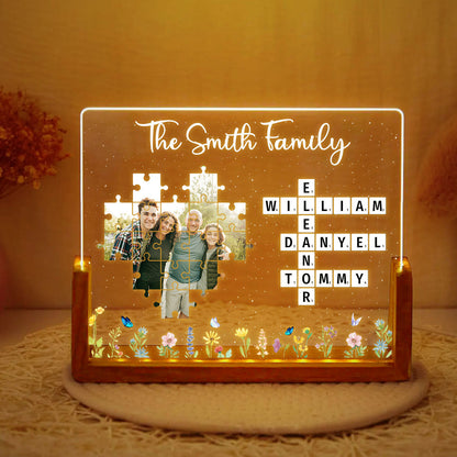 Family Crossword Puzzle Photo Uploaded Personalized U-Base Acrylic LED Night Light, Gift for Mom, Dad, Grandma