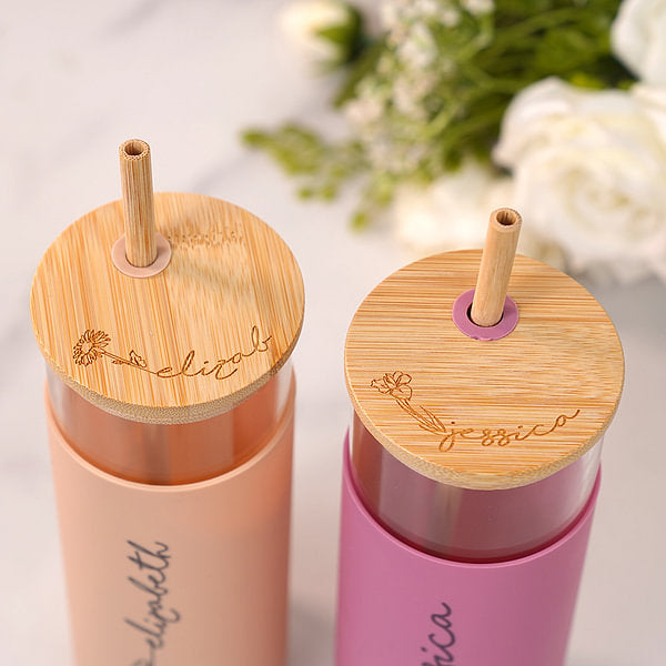 Personalised Birth Flower Name 17oz Glass Tumbler with Silicone Sleeve Engraved Bamboo Lid and Straw Birthday Gift for Her