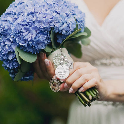 Personalised Lace Oval Photo Bouquet Charm with Heart Engraved Pendant Memorial Wedding Gift for Bride