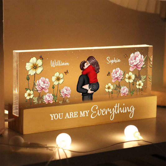 Couple Embracing Kissing Birth Month Flower Personalized Acrylic Block LED Night Light, Heartfelt 2025  Gift For Couple, For Him, For Her, Boyfriend, Girlfriend, Husband, Wife