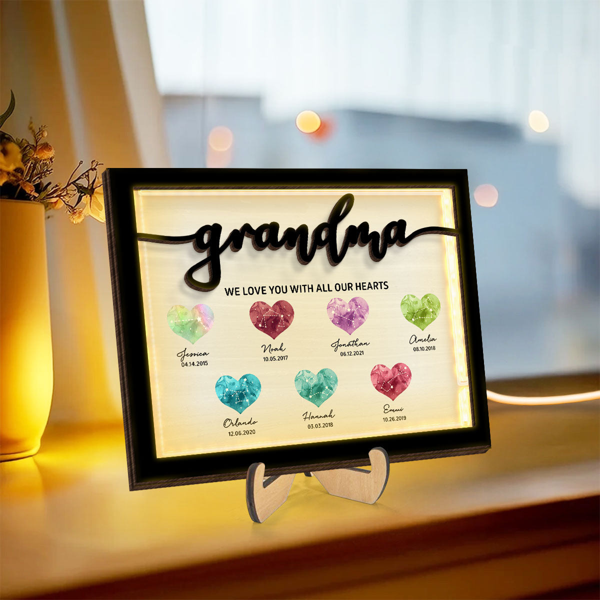 Birthstone Constellations Personalized 2-Layer Wooden Plaque With LED, Mother's Day Gift, Grandparents Day Gift, Gift for Her, Mom Gift, For Grandma