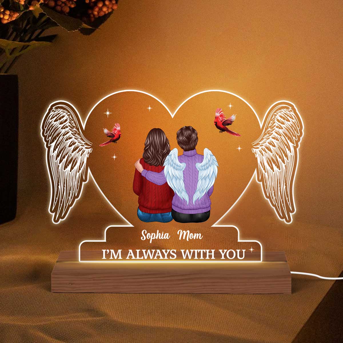 Heart Wings Family Sitting Memorial Remembrance Gift Personalized Custom Shape Acrylic Plaque LED Night Light