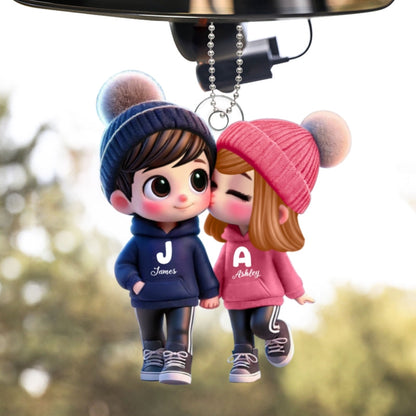 Cute Cartoon Couple Walking Personalized Car Ornament, Perfect Valentine'Day Gift for him, Gift for her