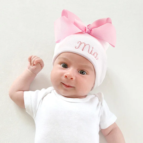 Personalised Pink Bow Girl Baby Hospital Knit Hat with Embroidered Name Soft Head Accessory Baby Shower Gift for Newborn