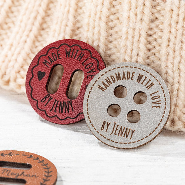 Personalised Handmade with Love Leather Button Set of 10 Clothing Hat Labels with Engraved Name Birthday Gift for Knitting Crocheting Lovers