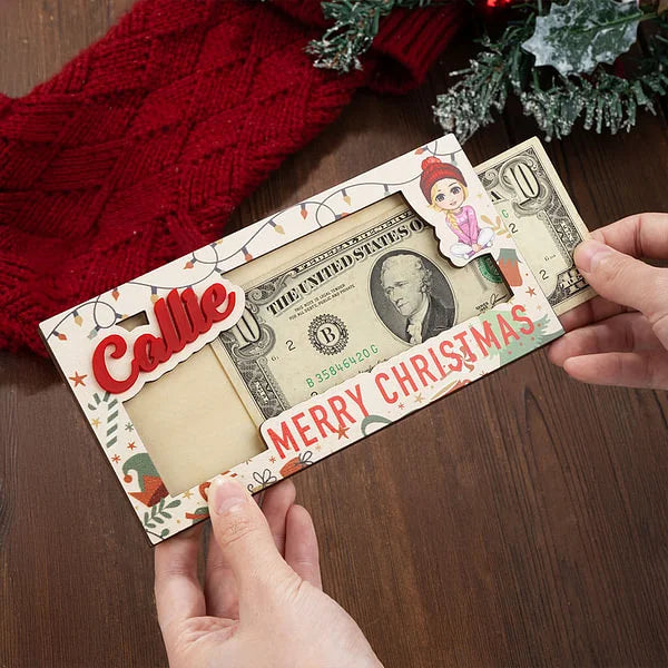 Personalised Merry Christmas Cute Cartoon Character Wooden Money Holder with Name Holiday Party Favors Gift for Kids