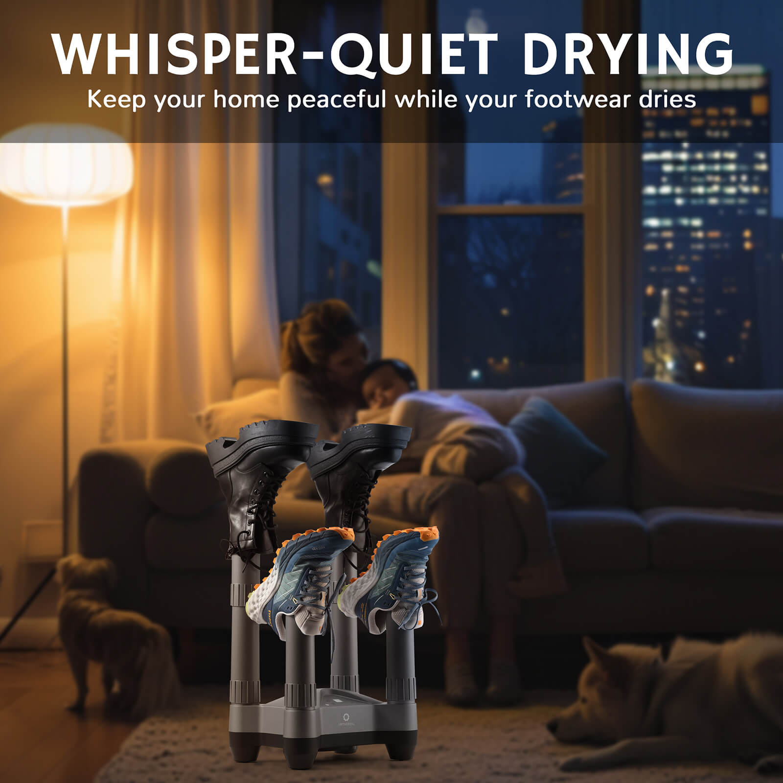 WHISPER-QUIET DRYING
Keep your home peaceful while your footwear dries
