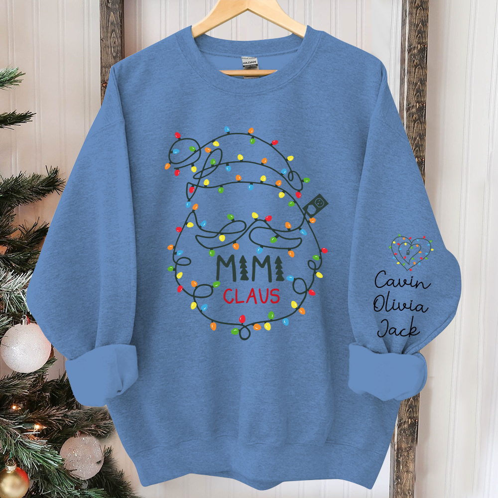 Custom Mimi Claus Christmas Lights Sweatshirt, Personalized Grandma Sweatshirt with Children Name on Sleeve