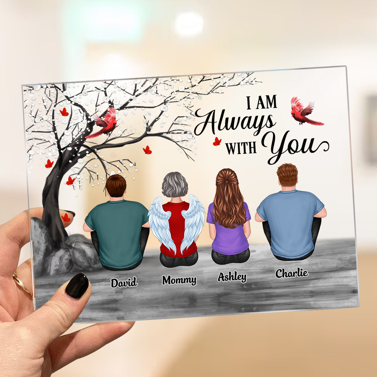 Blossom Tree Cardinal Whole Back View Family Sitting Remembrance Gift Memorial Personalized Acrylic Plaque
