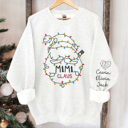 Custom Mimi Claus Christmas Lights Sweatshirt, Personalized Grandma Sweatshirt with Children Name on Sleeve