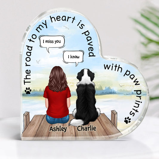 The Moment Your Heart Stopped Memorial Keepsake Man Woman & Pet Dog Cat Sitting On Bridge Personalized Heart Shaped Acrylic Plaque