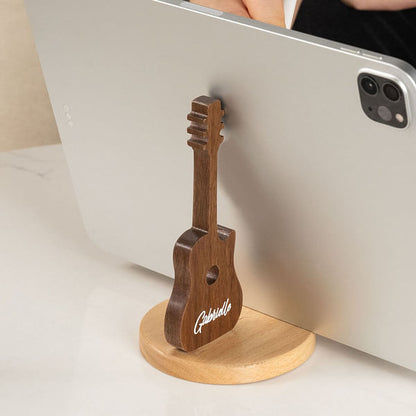 Personalised Retro Guitar Shaped Wooden Phone Table Stand with Engraved Name Desk Decor Birthday Gift for Guitar Lovers