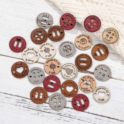 Personalised Handmade with Love Leather Button Set of 10 Clothing Hat Labels with Engraved Name Birthday Gift for Knitting Crocheting Lovers