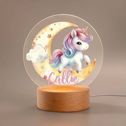 Personalised Fantasy Unicorn Dreamy Moon LED Night Light with Wooden Base and Name Nursery Decor Birthday Baby Shower Gift for Girls