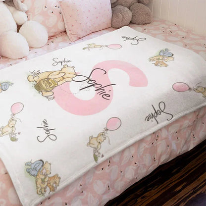 Personalised Soft Classic Winnie the Pooh Throw Blanket with Name and Initial Baby Shower Receiving Gift for Newborns