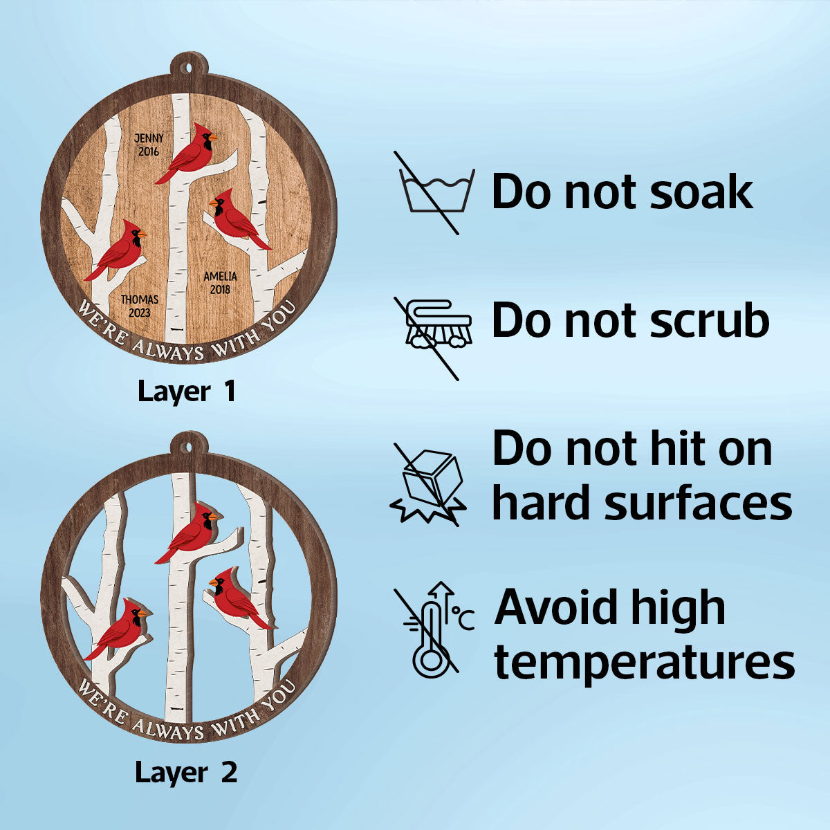 Cardinals Birch Tree Christmas Memorial Personalized 2-Layer Wooden Ornament, Sympathy Gift, Memorial Gift