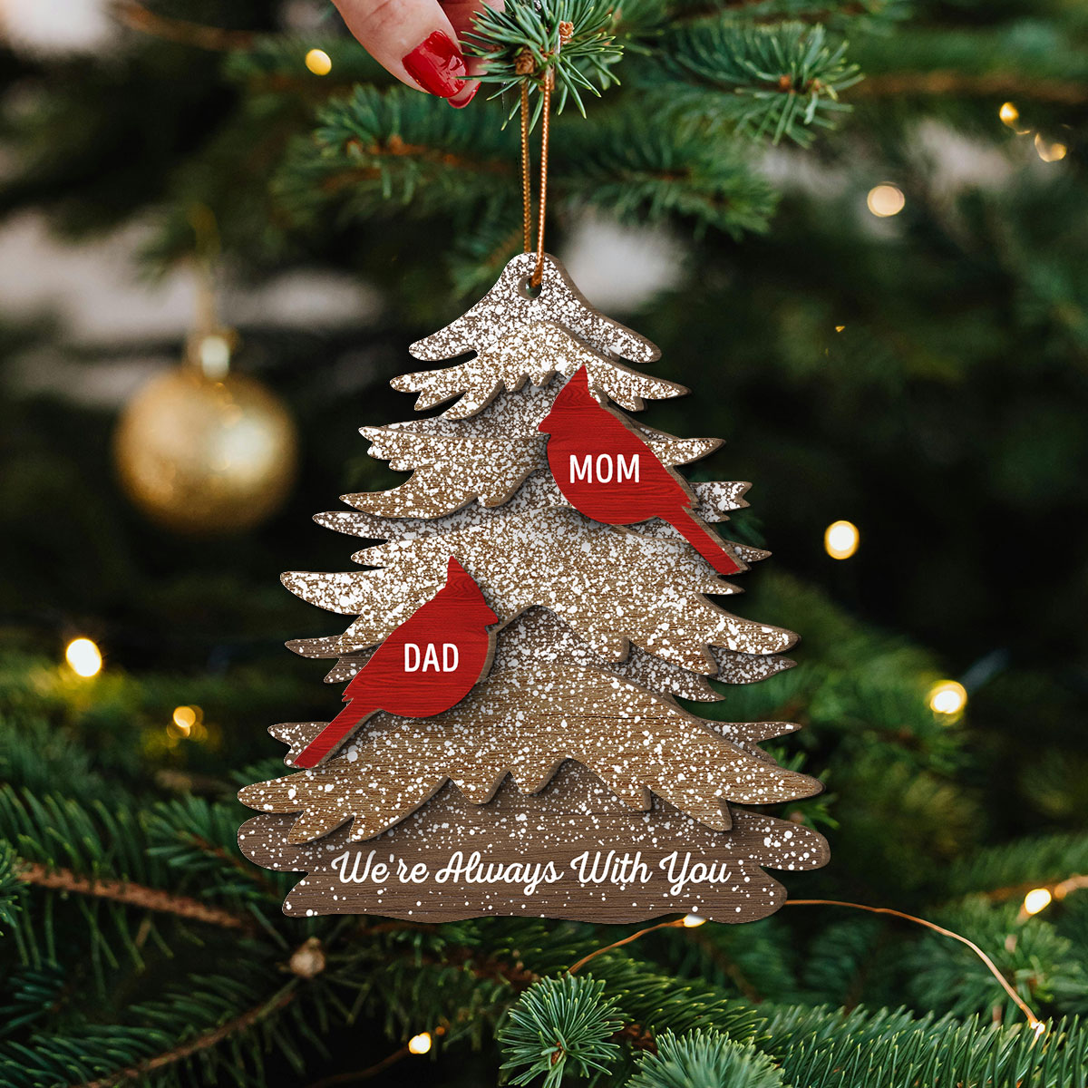 Rustic Christmas Tree Cardinals Always With You Memorial Christmas Personalized 2-Layer Wooden Ornament, Remembrance Gift, Sympathy Gift