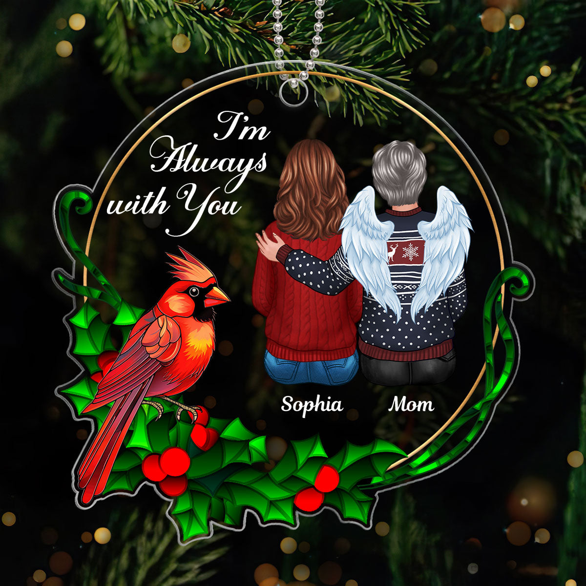 Always With You Stained Glass Wreath Cardinal Memorial Keepsake Personalized Acrylic Ornament