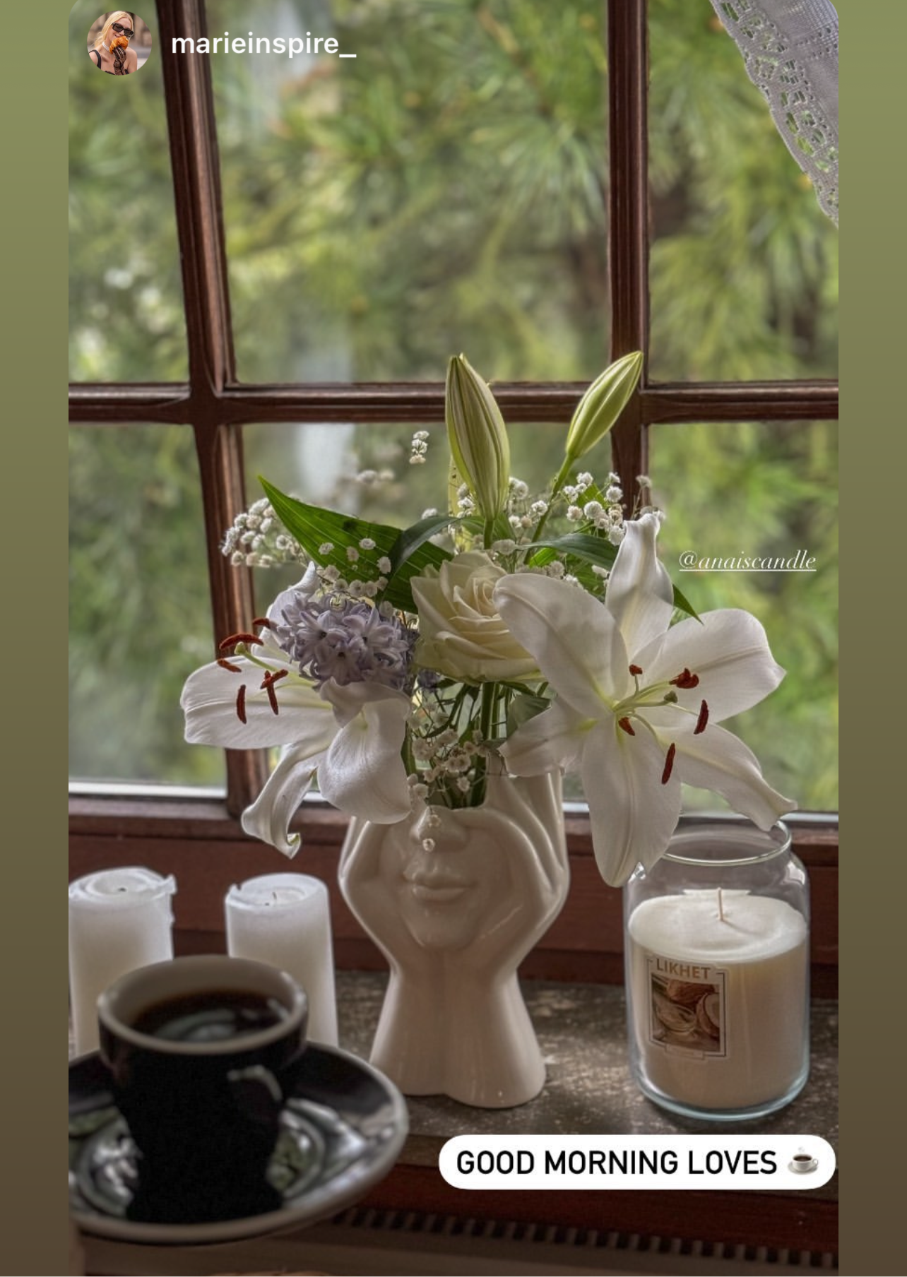 "Her" Ceramic Vase next to a window in the Spring time captioned "Good morning loves".