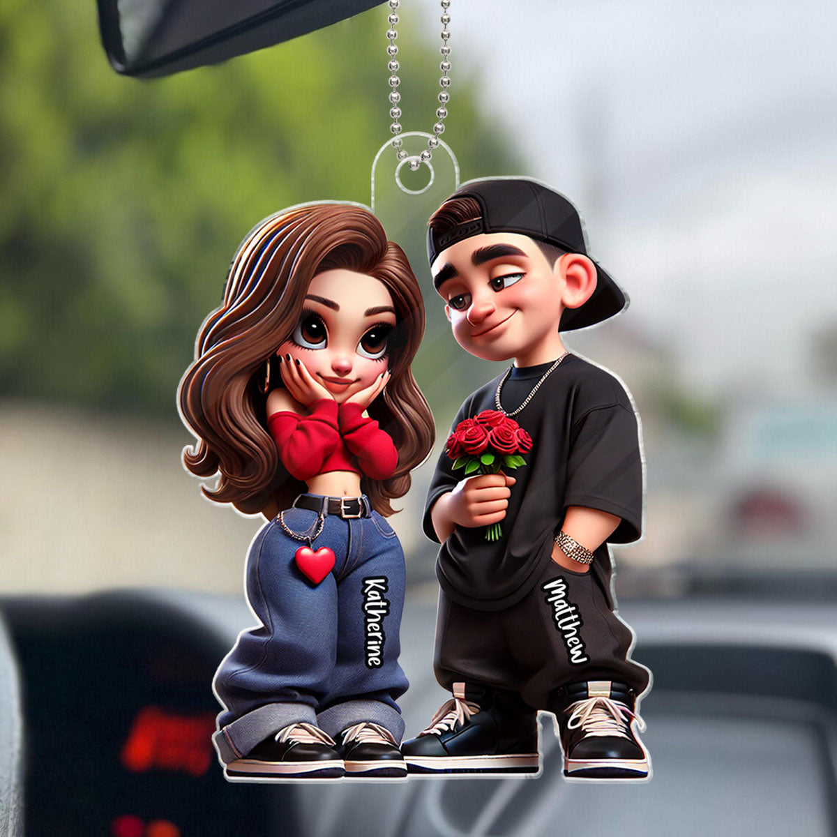 3D Effect Y2K Couple Personalized Acrylic Car Hanger, Valentine's Day Gift For Couple, For Him, For Her