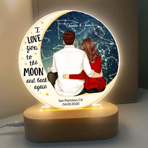 Love You To The Moon Couple Sitting On Moon Personalized Star Map Circle Acrylic Plaque With LED Night Light, Heartfelt Anniversary Gift For Her, For Him